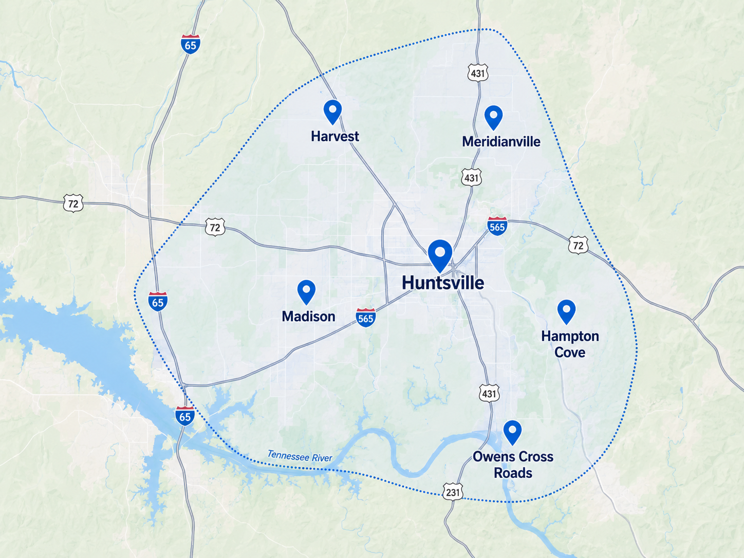 Service area map for Huntsville Home Cleaners showing Huntsville, Madison, Hampton Cove, Harvest, Meridianville, and Owens Cross Roads